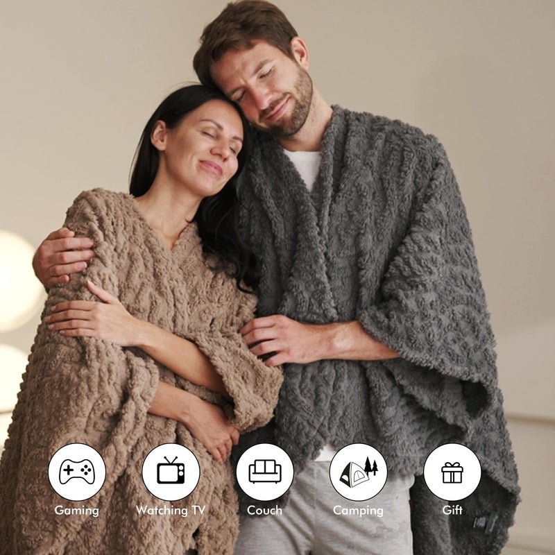 Royoliving Fuzzy Sherpa Wearable Fleece Blanket with Pockets for Adults, Ultra Soft Plush Shawl Throw Blankets (Grey, 58'' x 64'') - Image 5